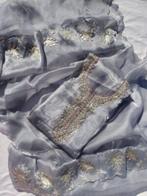 Crushed Tissue suit set with Zardozi handwork and work dupatta