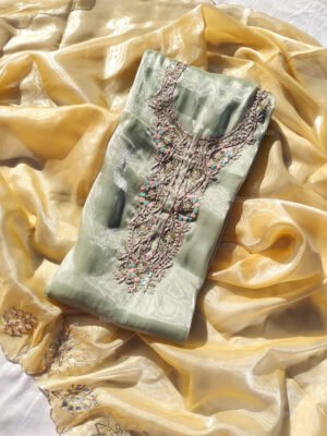 Glass Tissue suit set with Zardozi handwork  and work dupatta