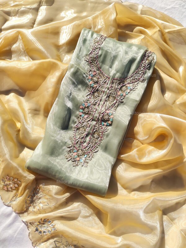 Glass Tissue suit set with Zardozi handwork  and work dupatta