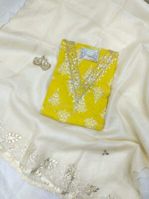 Cotton suit set with mirror handwork with kota doria dupatta