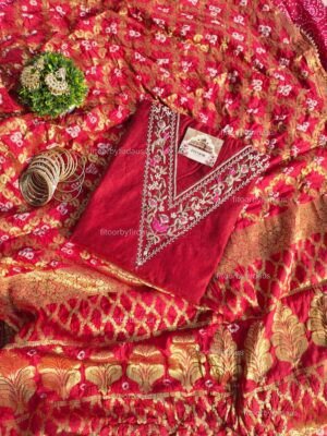 Chanderi cotton suit set with zardozi handwork and banarasi dupatta