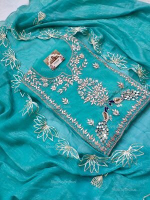 Crushed tissue suit set with gota patti handwork and work dupatta
