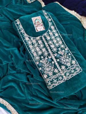Velvet suit set with zardozi handwork