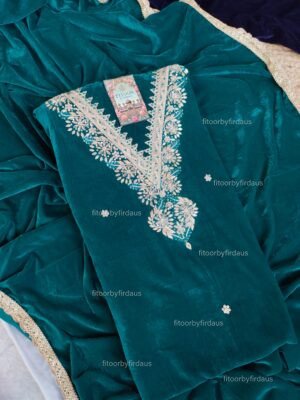Velvet suit set with zardozi handwork