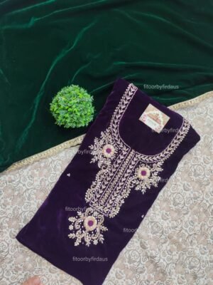 Velvet suit set with zardozi handwork