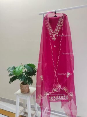 Organza suit set with gota patti hand work on neck and daman with work dupatta