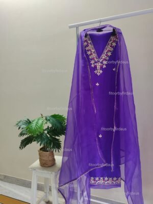 Organza suit set with gota patti hand work on neck and daman with dupatta