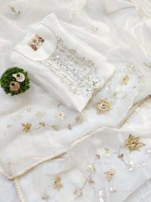 Organza suit set with gota patti and mirror work