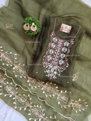 Organza suit set with gota patti and mirror work
