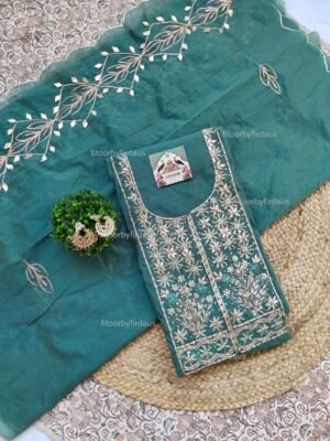 Chanderi cotton suit set with zardozi handwork