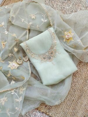 Organza suit set with beads and zardozi work