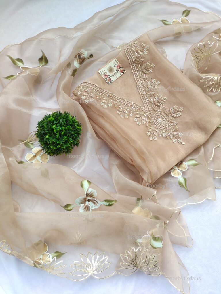 Organza suit set with zardozi work and hand painted dupatta