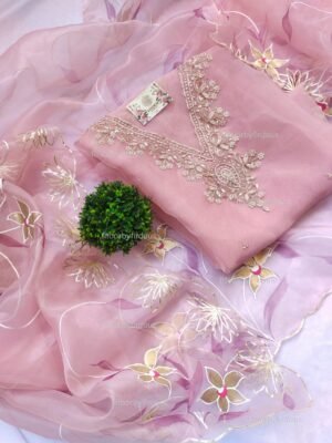 Organza suit set with zardozi work and hand painted dupatta