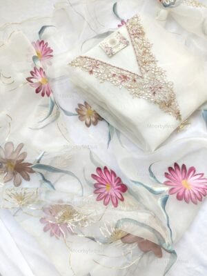 Organza suit set with zardozi work and hand painted dupatta