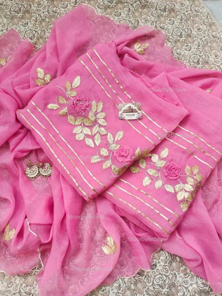 Crushed tissue suit set with gota patti handwork and work dupatta