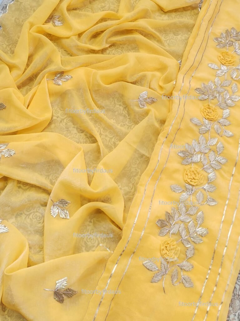 Crushed tissue suit set with gota patti handwork and work dupatta