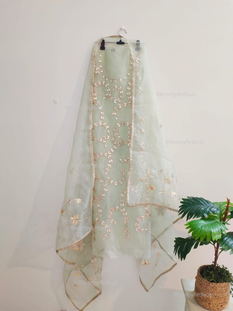 Organza suit set with kachi patti work