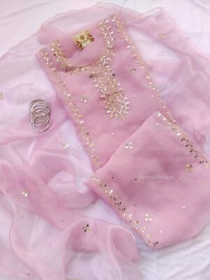 Organza suit set with mirror and beaded hand work and hand work dupatta