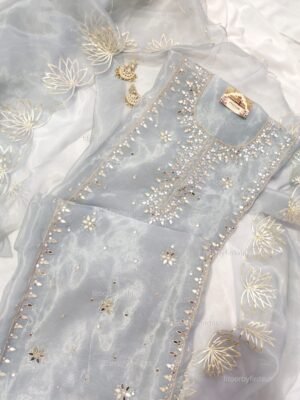 Organza suit set with mirror and beaded hand work