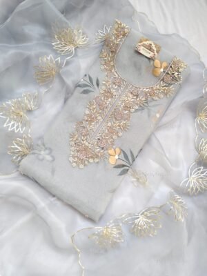 Hand painted Organza suit set with zardozi work with work dupatta