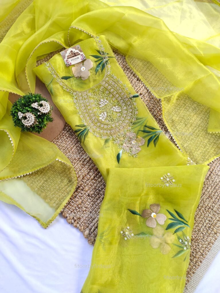 Hand painted Organza suit set with beaded handwork