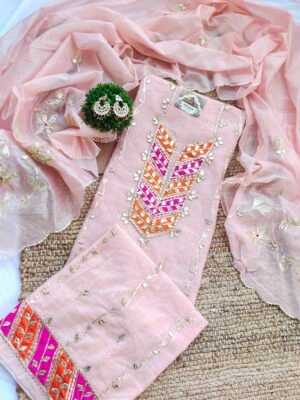 Chanderi cotton suit set with kachi patti handwork