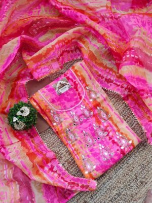 Kota doria suit set with mirror and beaded handwork