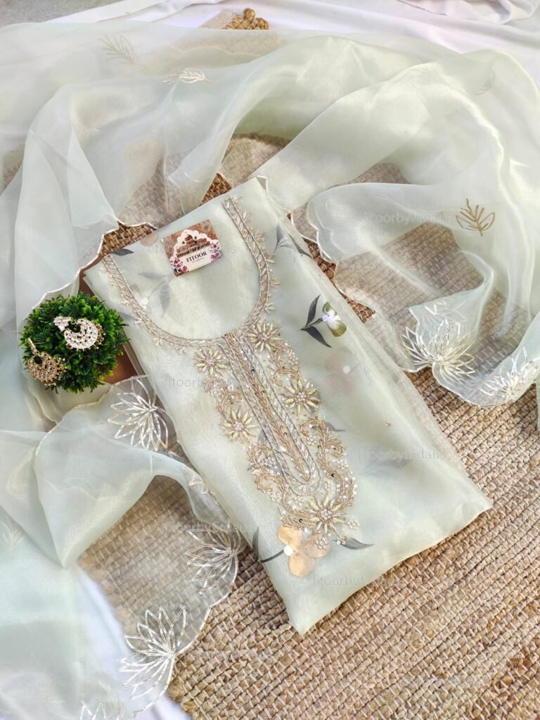 Hand painted Organza suit set with zardozi handwork