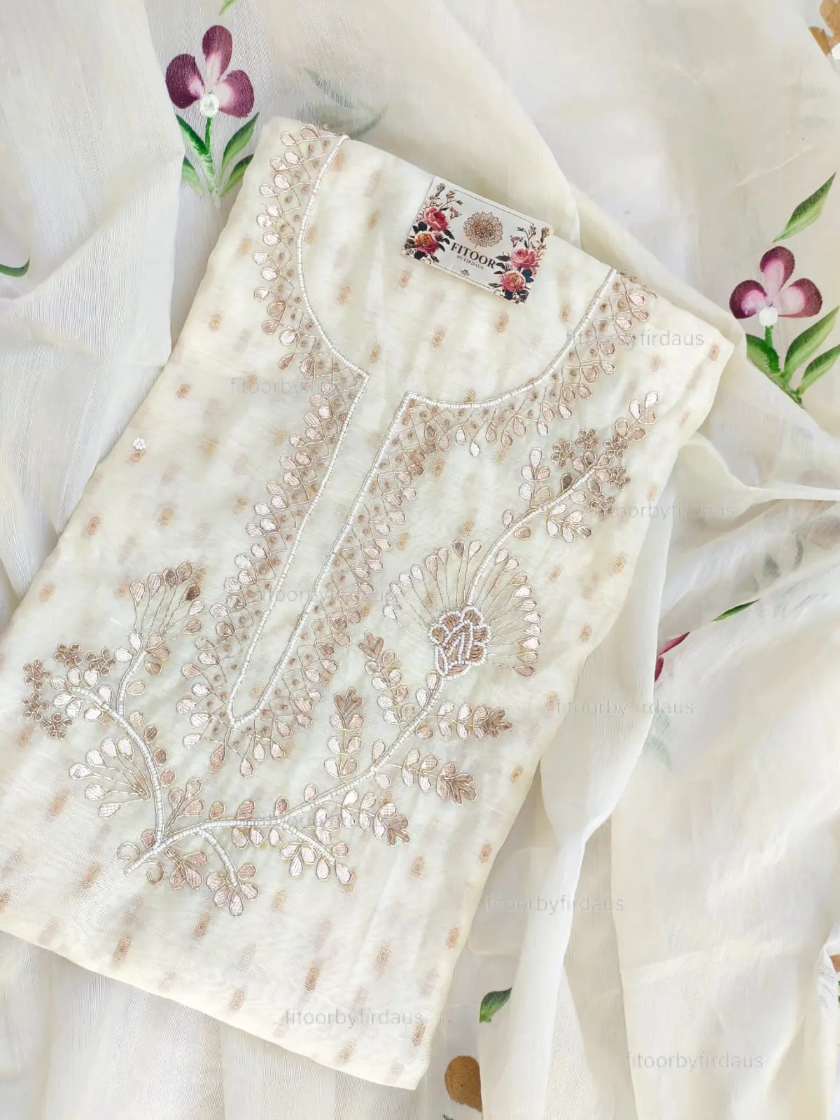 Chanderi suit set with gota patti handwork and hand painted dupatta - Image 4