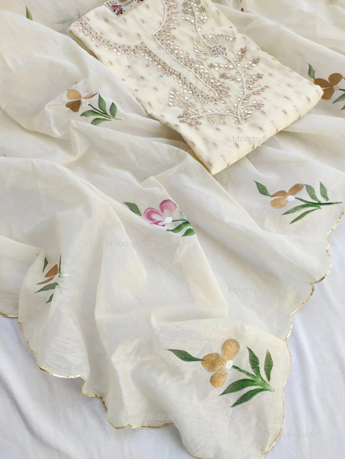 Chanderi suit set with gota patti handwork and hand painted dupatta - Image 3
