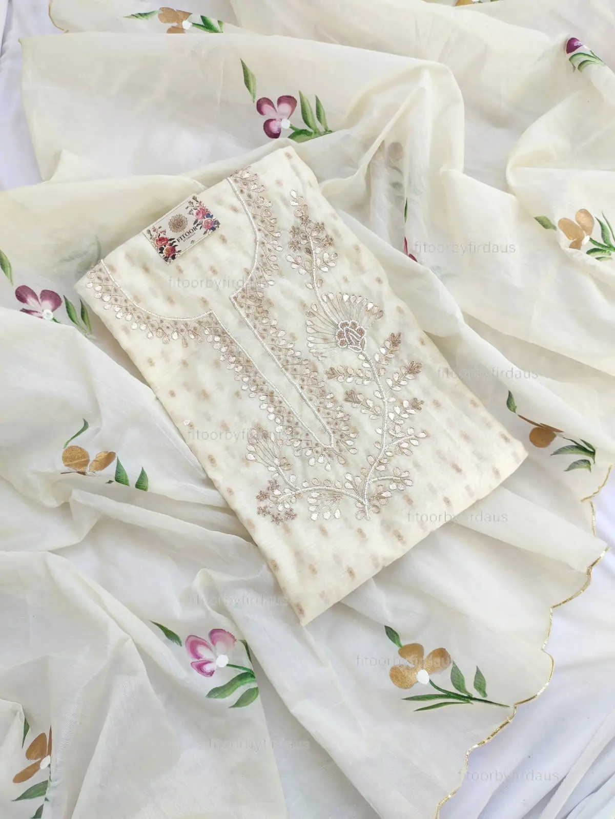 Chanderi suit set with gota patti handwork and hand painted dupatta