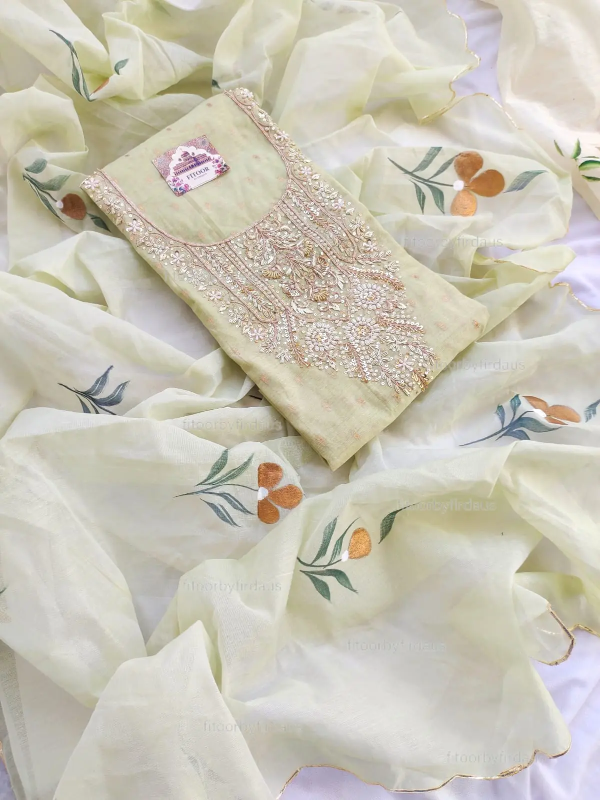 Chanderi suit set with zardozi handwork and hand painted dupatta - Image 3