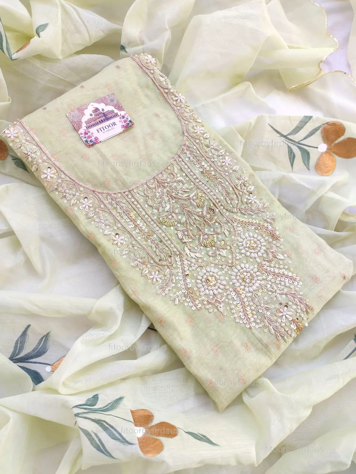 Chanderi suit set with zardozi handwork and hand painted dupatta - Image 2
