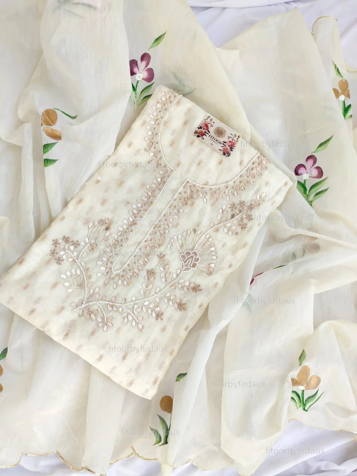 Chanderi suit set with gota patti handwork and hand painted dupatta - Image 2