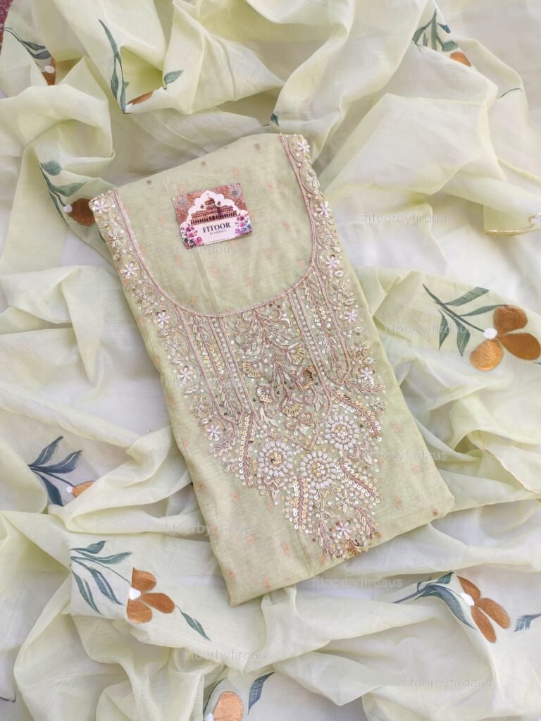 Chanderi suit set with zardozi handwork and hand painted dupatta