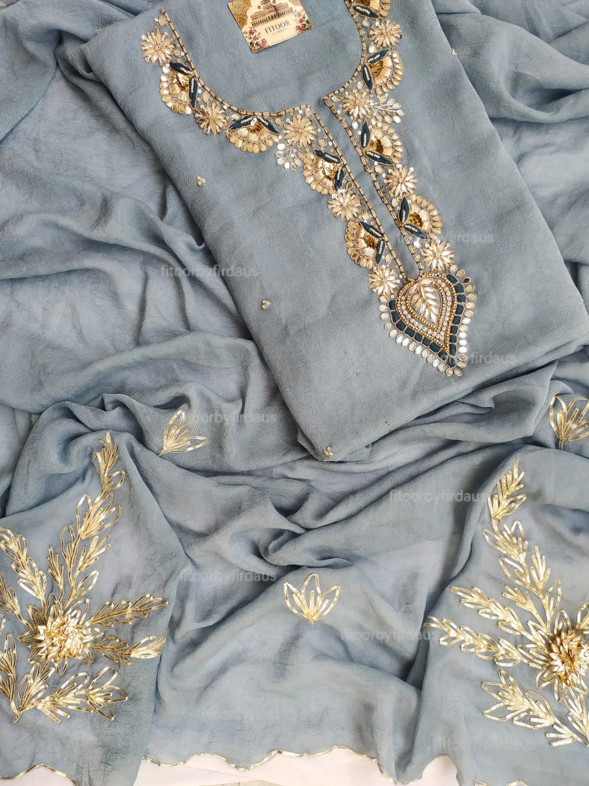 Moss crepe suit set with Zardozi, mirror, gota patti handwork and work dupatta - Image 3