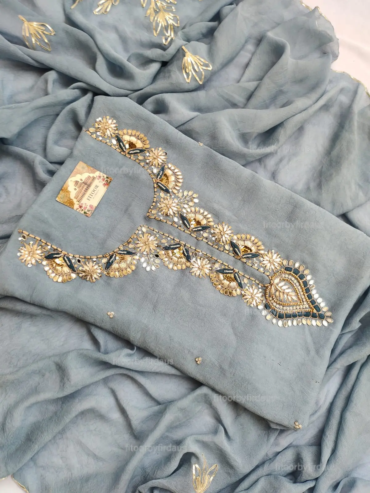 Moss crepe suit set with Zardozi, mirror, gota patti handwork and work dupatta - Image 2