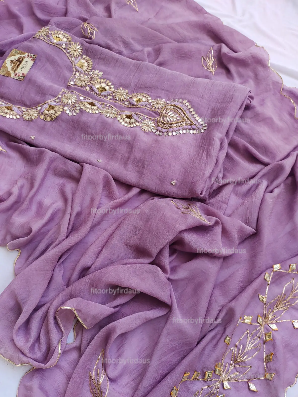Moss crepe suit set with Zardozi, mirror, gota patti handwork and work dupatta - Image 2
