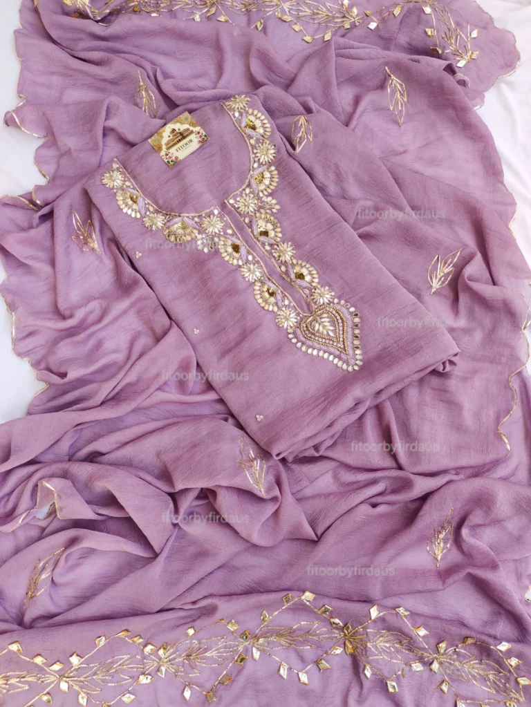 Moss crepe suit set with Zardozi, mirror, gota patti handwork and work dupatta