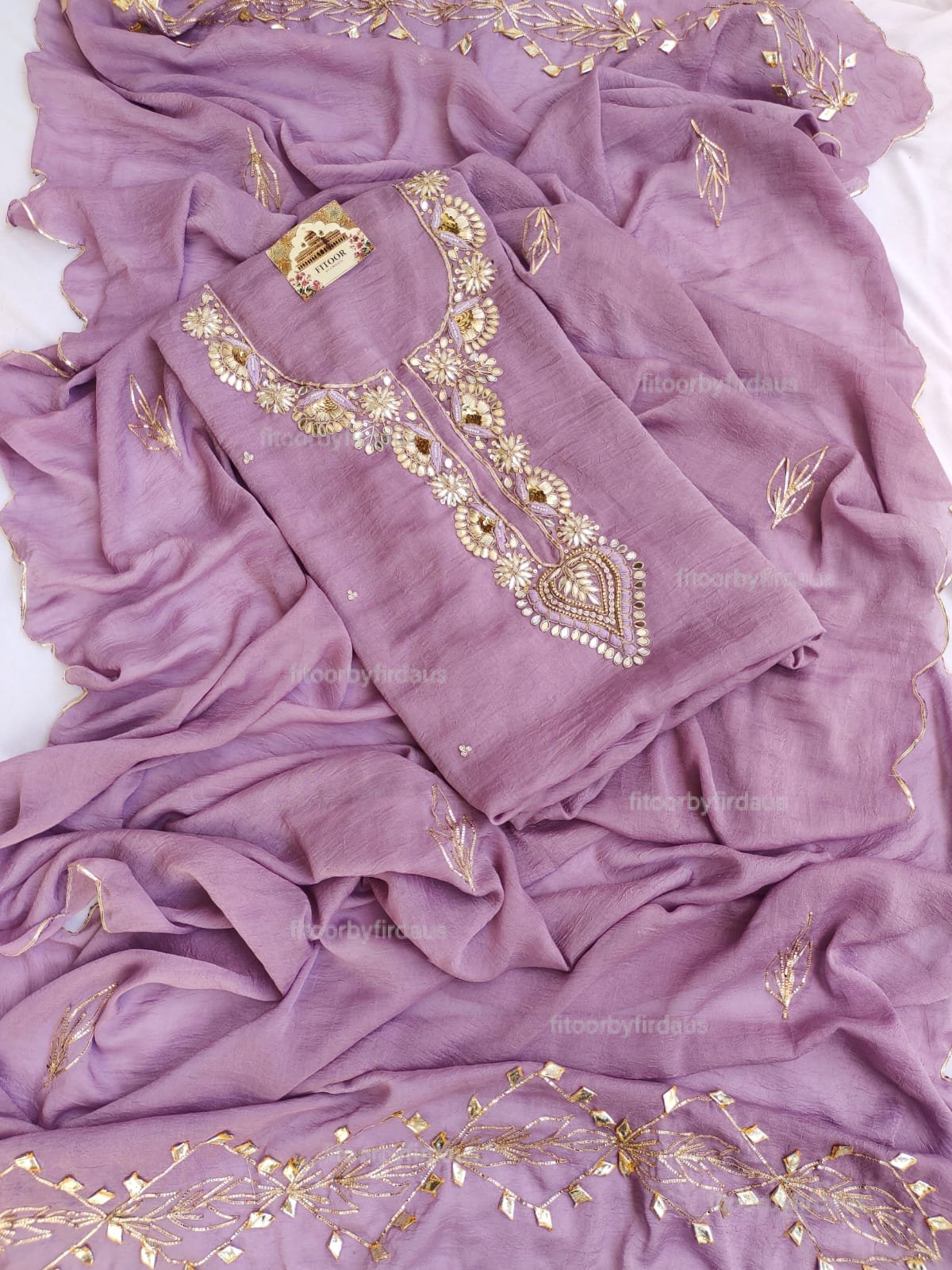 Moss crepe suit set with Zardozi, mirror, gota patti handwork and work dupatta