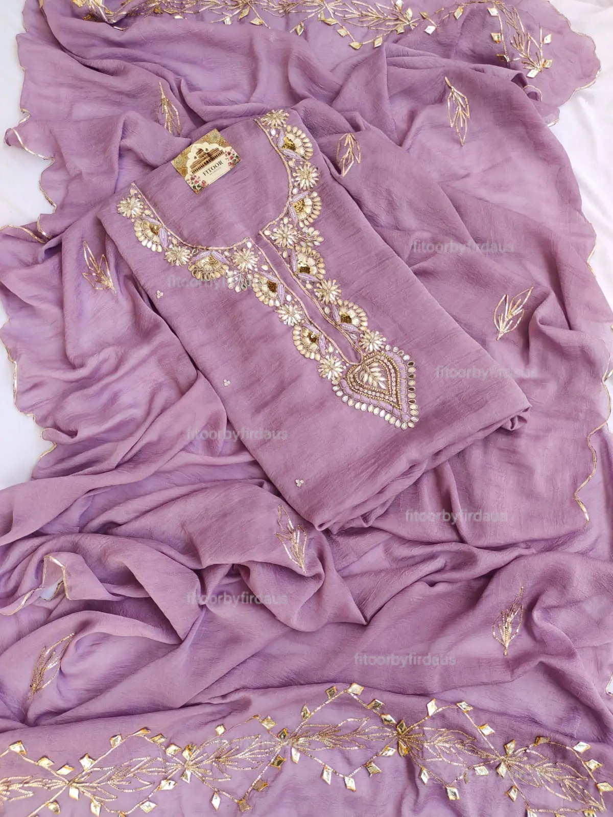 Moss crepe suit set with Zardozi, mirror, gota patti handwork and work dupatta
