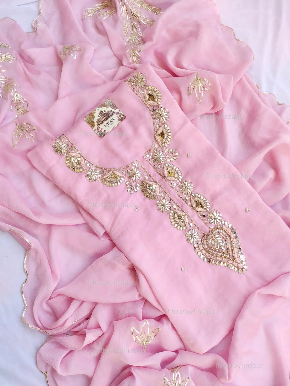 Moss crepe suit set with Zardozi, mirror, gota patti handwork and work dupatta - Image 2