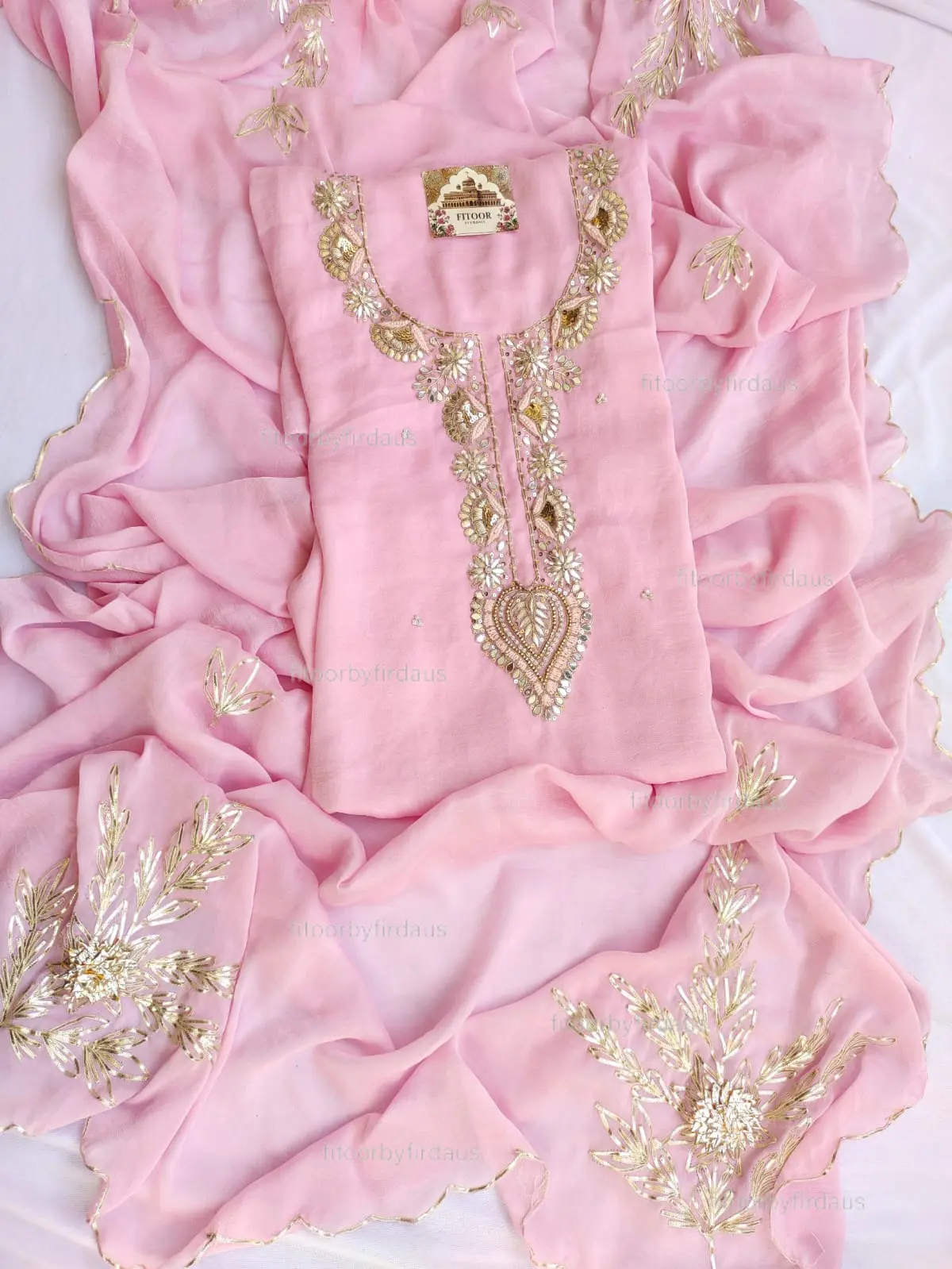 Moss crepe suit set with Zardozi, mirror, gota patti handwork and work dupatta - Image 3