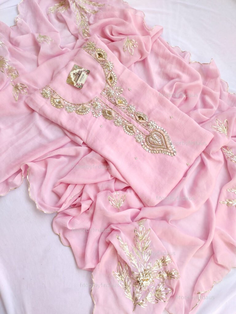 Moss crepe suit set with Zardozi, mirror, gota patti handwork and work dupatta