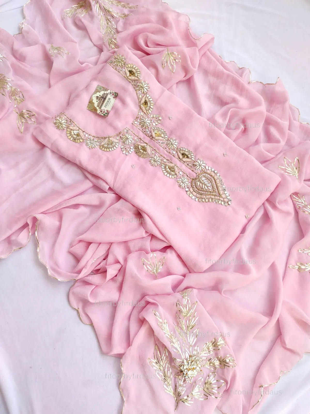Moss crepe suit set with Zardozi, mirror, gota patti handwork and work dupatta