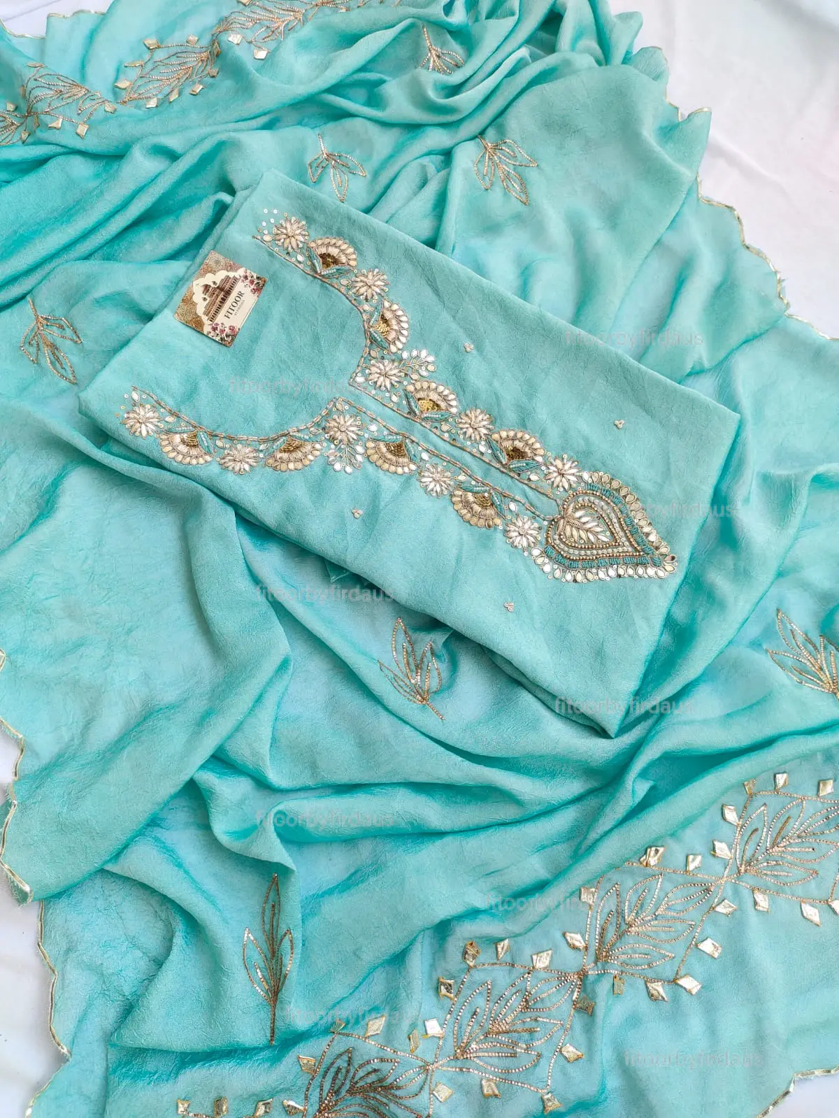 Moss crepe suit set with Zardozi, mirror, gota patti handwork and work dupatta - Image 4