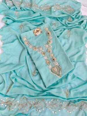Moss crepe suit set with Zardozi, mirror, gota patti handwork and work dupatta