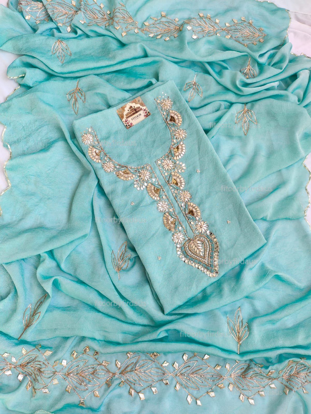 Moss crepe suit set with Zardozi, mirror, gota patti handwork and work dupatta