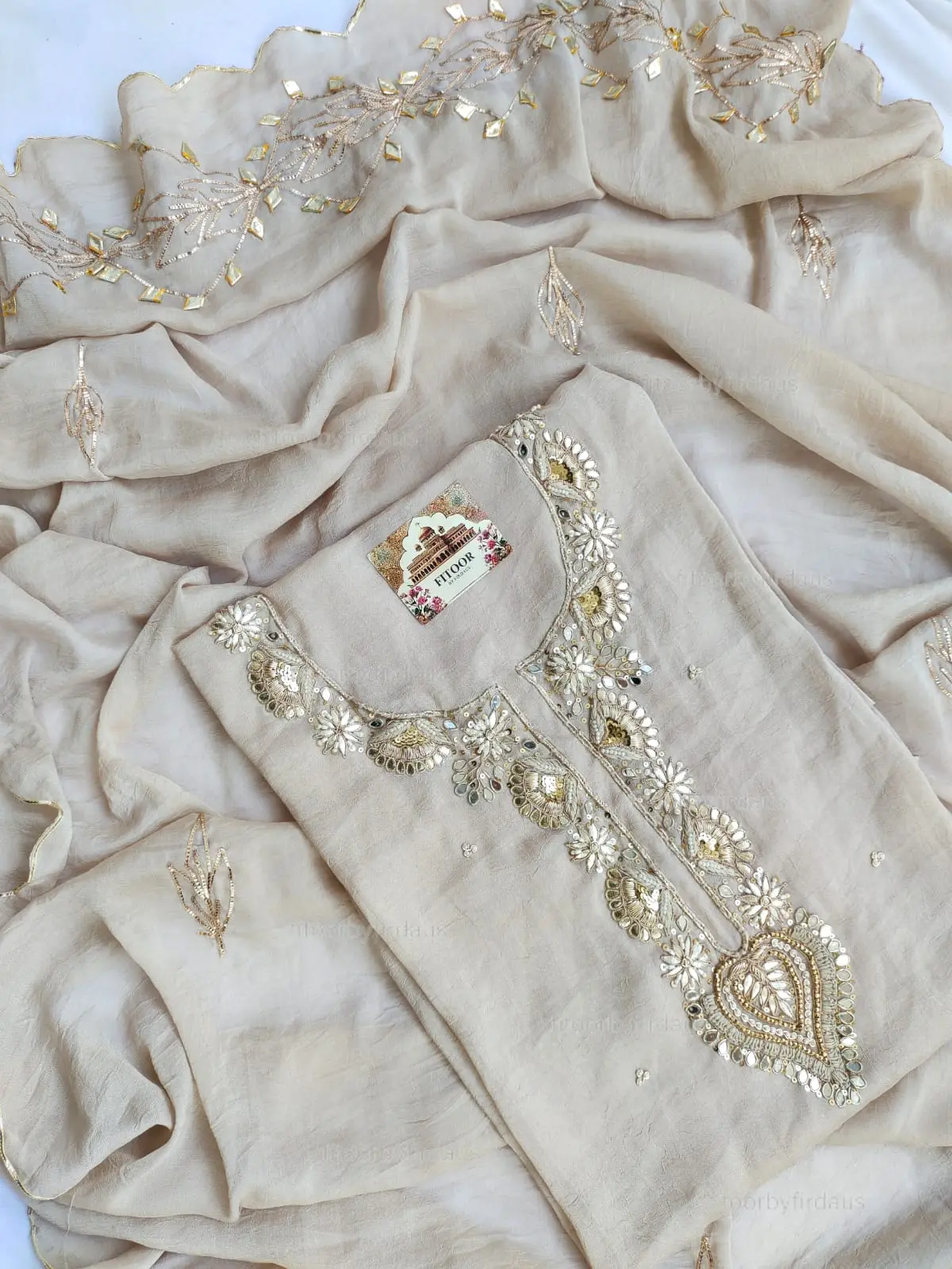 Moss crepe suit set with Zardozi, mirror, gota patti handwork and work dupatta - Image 2