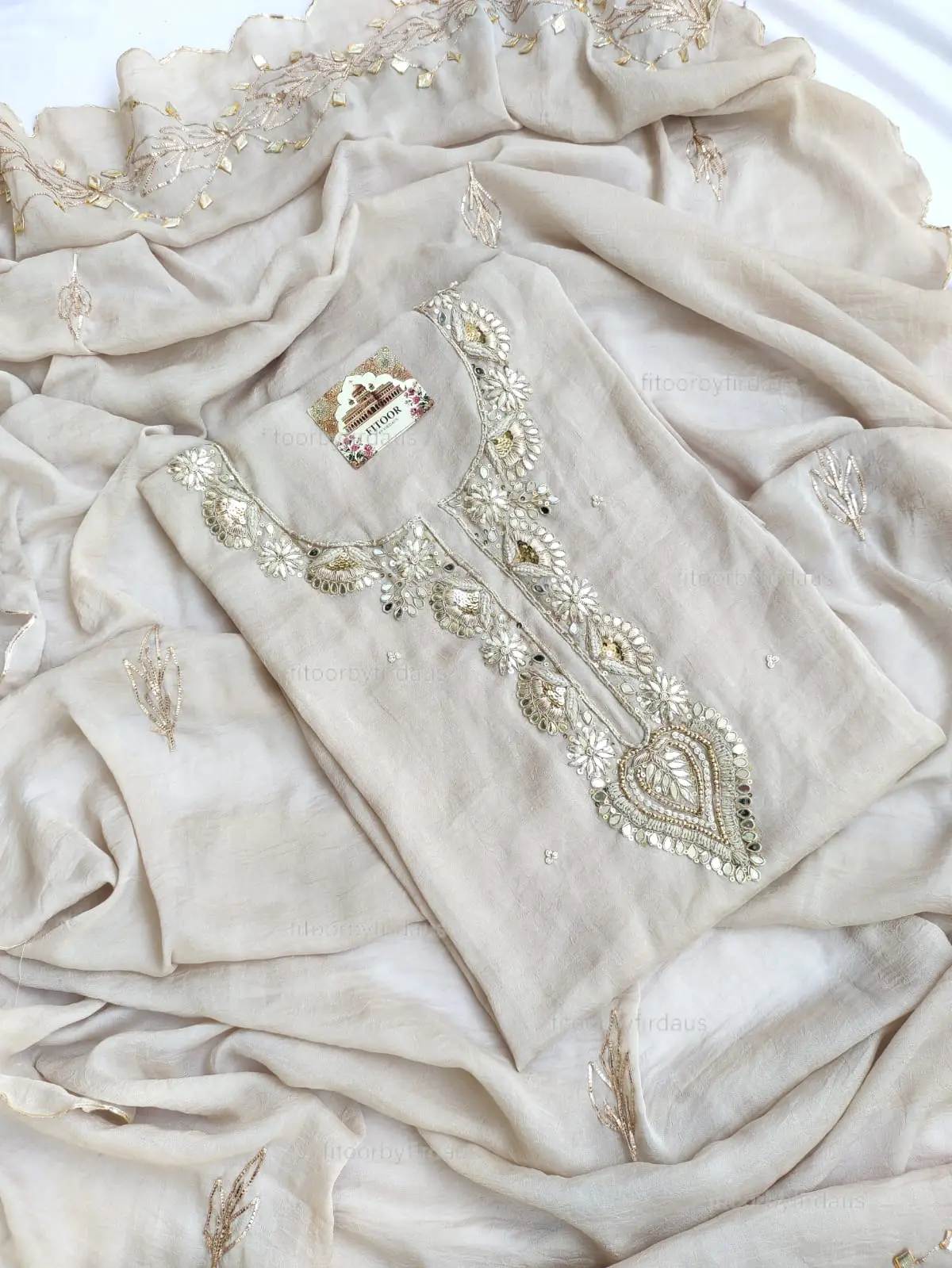 Moss crepe suit set with Zardozi, mirror, gota patti handwork and work dupatta